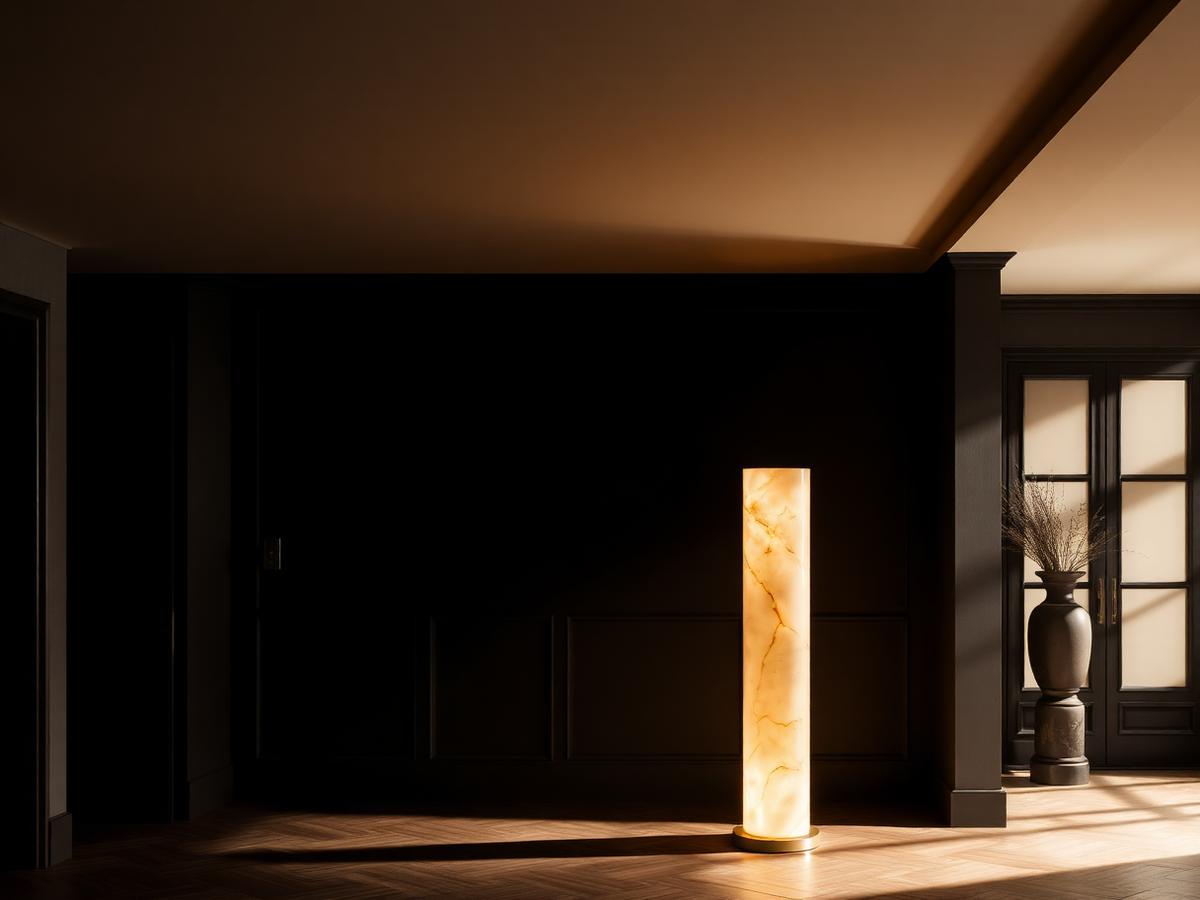 Lighting — Solid brass and alabaster, warm and dimmable.