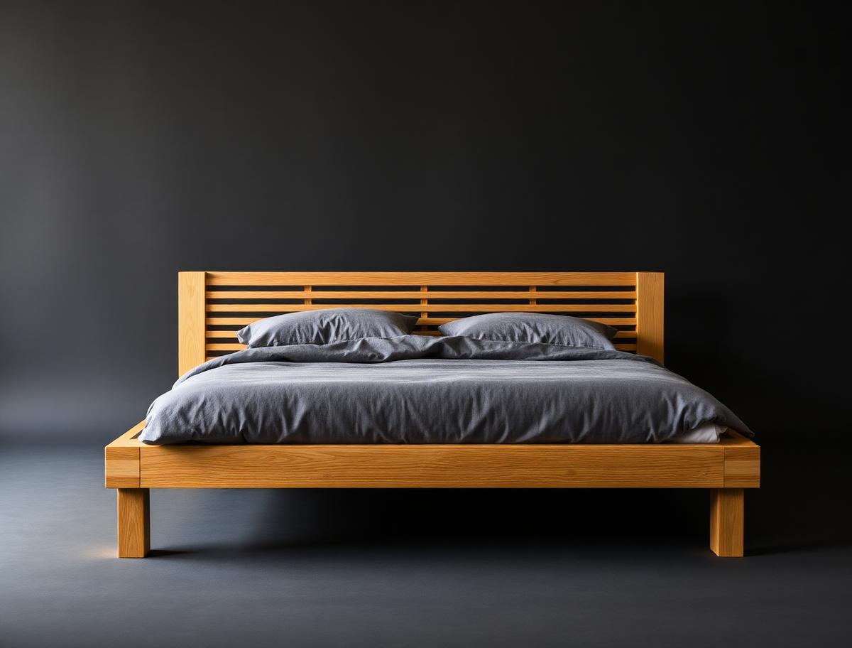 Vernet Bed — Solid oak platform bed with slat headboard