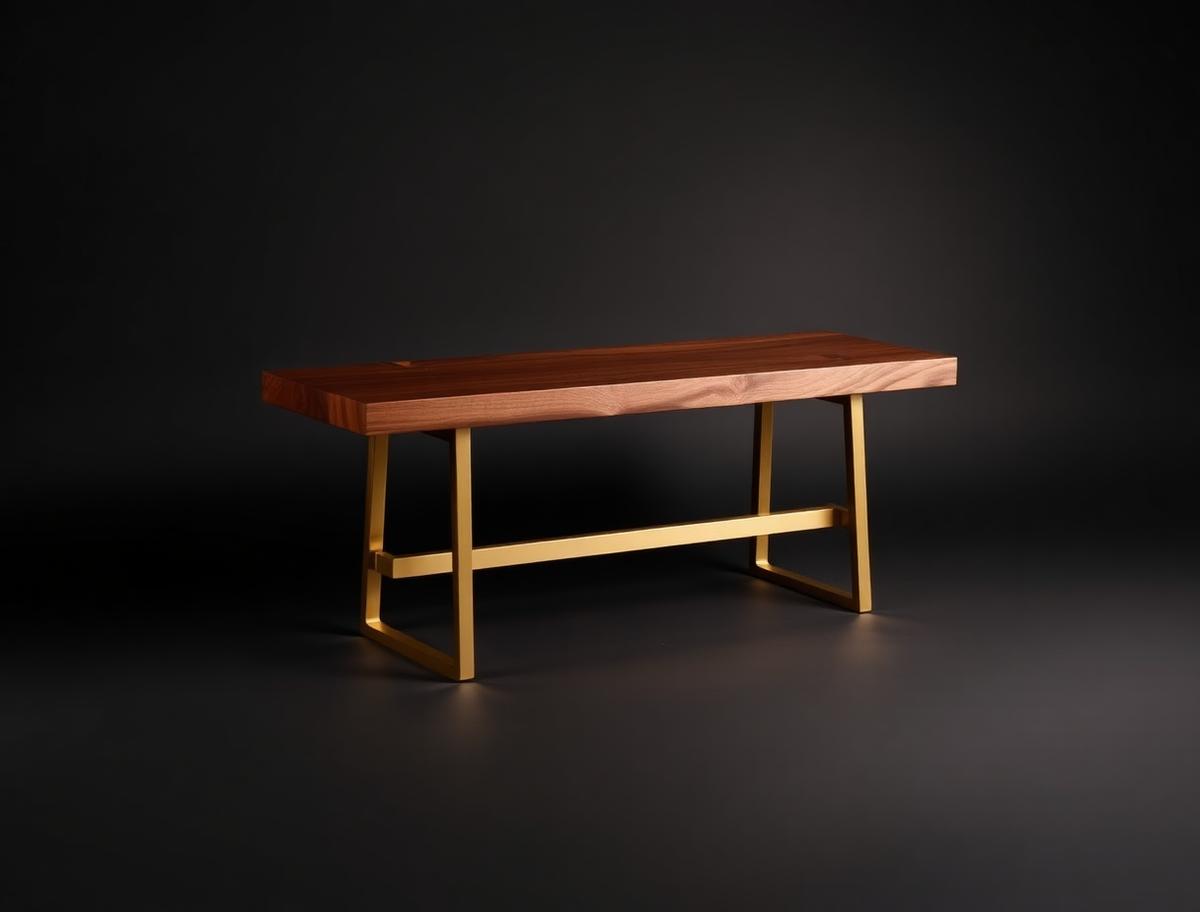 Bastide Bench — Walnut dining bench on a brass sled