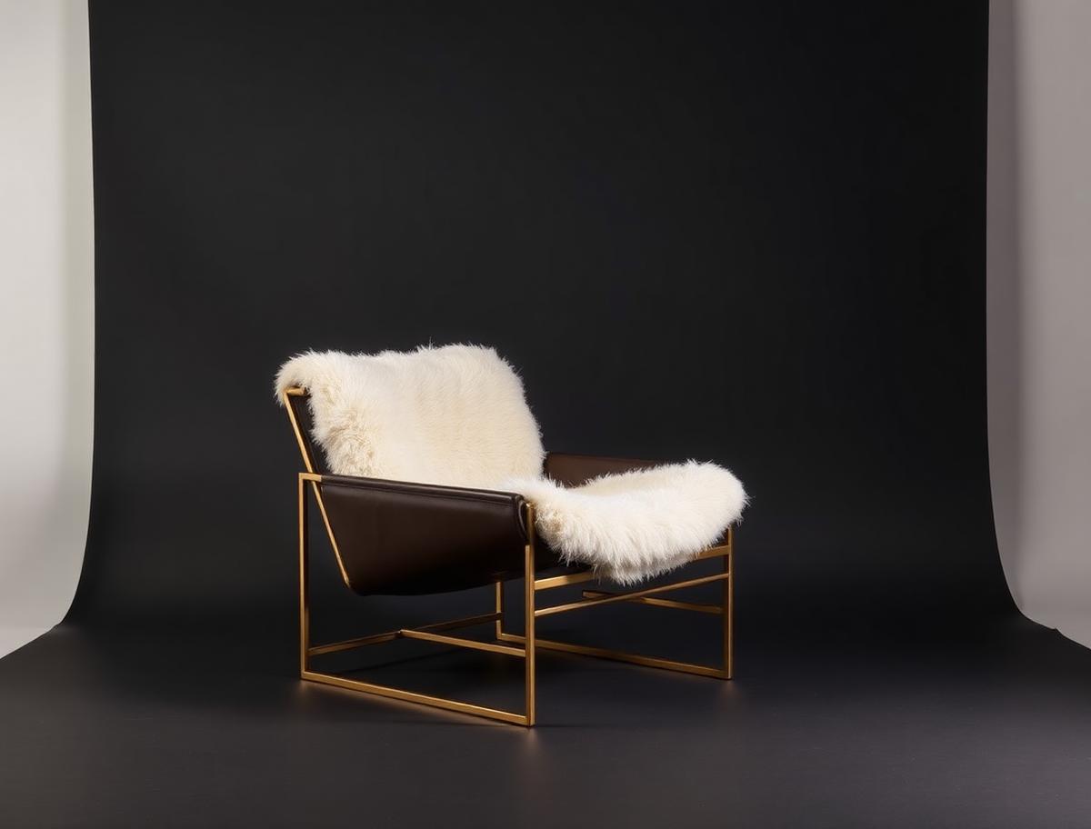 Bastien Lounge Chair — Leather sling chair with shearling throw